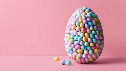Obraz premium Easter 2025 banner, large egg made of colorful painted Easter eggs, several Easter eggs, pink background with space for text, happy Easter
