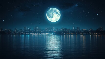 Night City Skyline Underneath a Full Moon and Stars