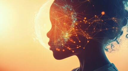 Child face merges with Earth international connections close up focus on copy space glowing soft hues double exposure silhouette with global grid. 