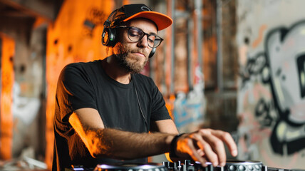 DJ performing in abandoned warehouse with graffiti, showcasing creativity and passion for music. vibrant atmosphere enhances artistic vibe of scene