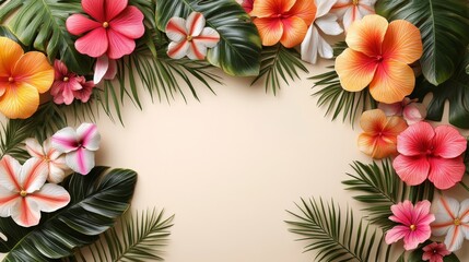 Obraz premium Tropical Floral Frame with Beige Background