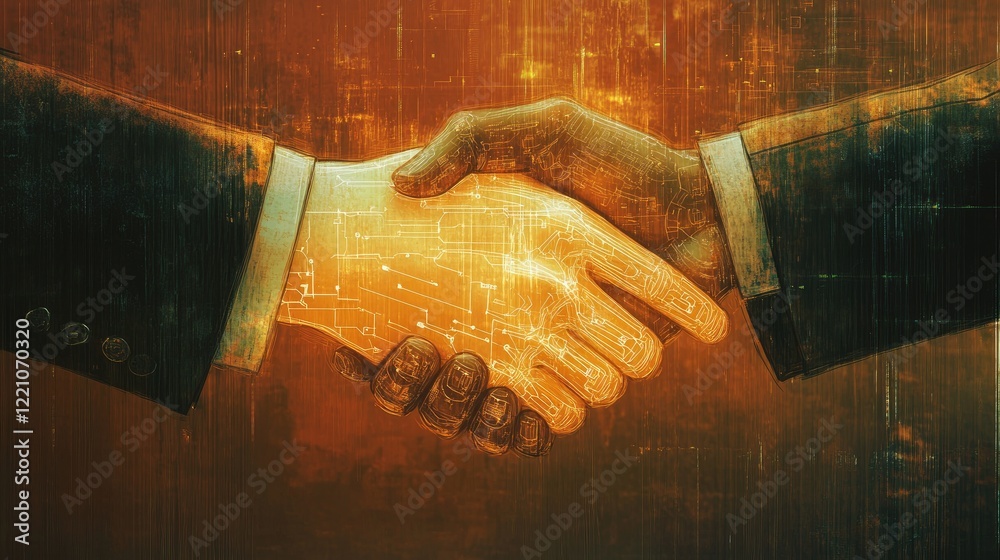 Poster a human and ai hand shaking digitally, illustrating the synergy and collaboration between man and ma