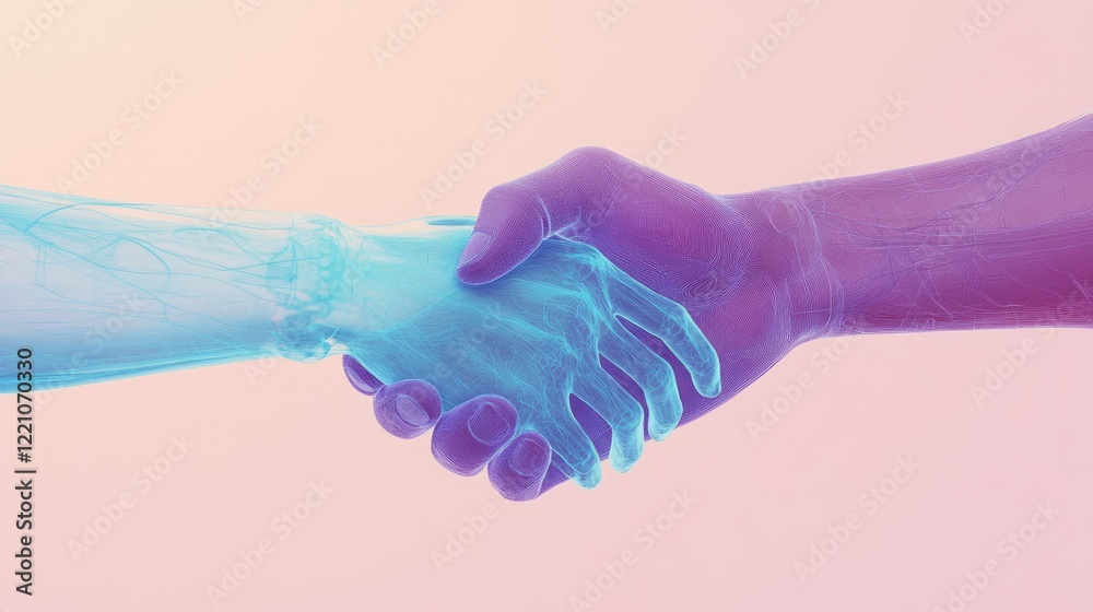 Poster a human and ai hand shaking digitally, illustrating the synergy and collaboration between man and ma