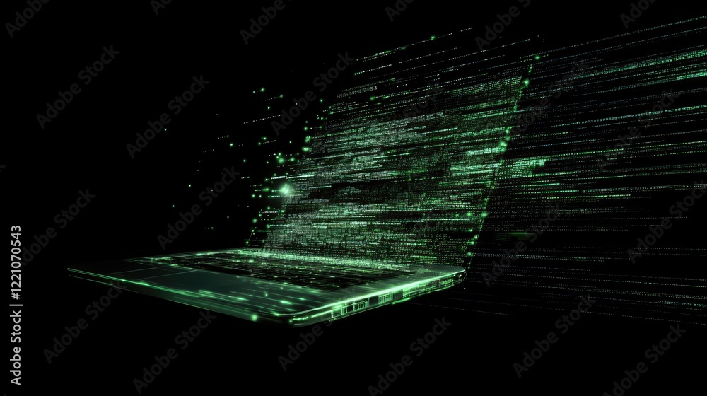 Poster A laptop streaming images with lines of programming code in the background, symbolizing the flow of digital data and technological innovation.