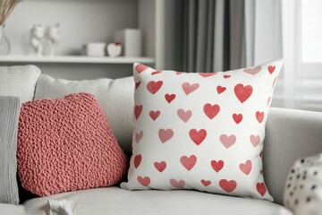 Decorative Heart Pattern Cushion on Cozy Sofa in Modern Living Room