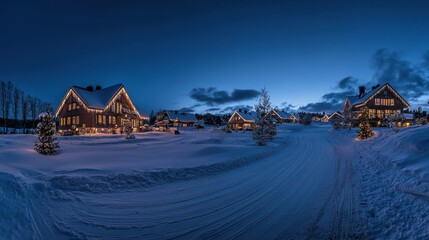 Illuminated Winter Houses Snow Covered Pathway