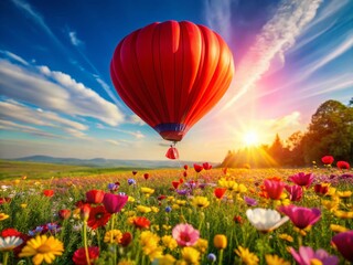 Fototapeta premium Vibrant Red Hot Air Balloon Soaring Over Colorful Flowers - Joyful Adventure Stock Photo
