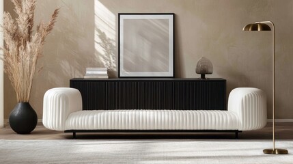 Modern living room with white sofa and minimalist decor