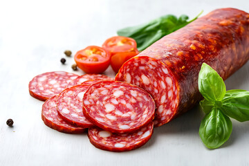 Salami smoked sausage isolated on white background. created with Generative AI technology