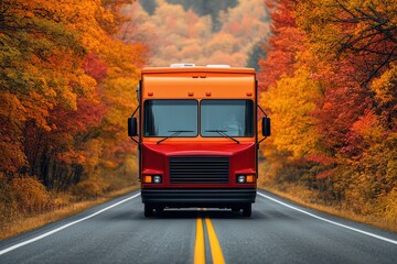 Fototapeta premium Camping road trip on the highways Vibrant orange truck on a scenic autumn road.