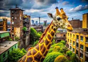 Obraz premium Urban Giraffe: Yellow & Brown Neck Pattern in Decaying Cityscape
