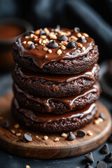 Stack of chocolate chip cookies with chocolate drizzle on top. The cookies are piled on top of each other, creating a delicious and tempting dessert