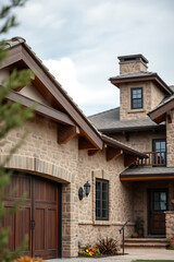 Obraz premium Luxury Stone House Exterior: Modern Architecture Design. A stunning contemporary home with a beautiful stone facade, showcasing exquisite architectural details and landscaping.