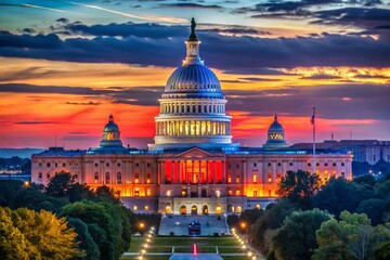 Fototapeta premium US Capitol Building at Dusk, Fourth of July, American Flag Colors, Low Light Photography