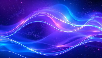 cosmic energy flow, vibrant purple and blue waves, starry night sky, ethereal glow, abstract celestial design, luminous ribbons, galactic swirls