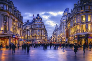 Obraz premium A bustling city street at dusk with a mix of modern and historic architecture - people walking briskly streetlights beginning to glow.