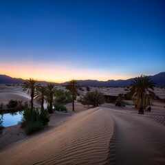 A tranquil desert oasis at twilight