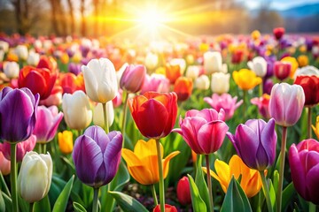 Obraz premium Vibrant Tulip Field Spring Blossoms Isolated White Background Stock Photo