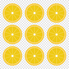 Lemon icon set. Lemon vector, icon isolated on transparent background. Citrus fruit symbol logo website design. Bright yellow peel sliced lemon cartoon. Vector illustration. EPS 10 