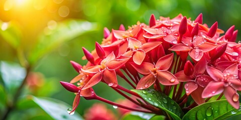 Vibrant Wet Ixora Coccinea Flowers Macro Photography - Dew Drops on Pink Blooms