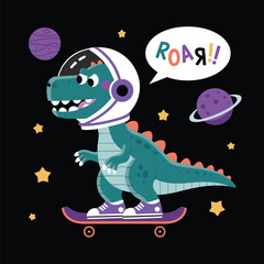 astronaut dinosaur skate design vector ready for print on t-shirt. dinosaur skate with sneakers illustration