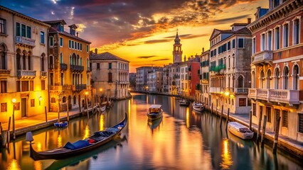 Fototapeta premium Venice Twilight: Romantic Gondolas on Calm Canal, Italy