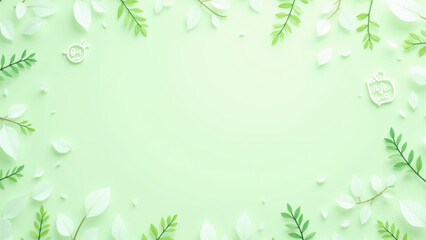 A tranquil nature-themed graphic with a soft blue background, decorative leaves, and a central blank space for text or design elements. It promotes sustainability and eco-consciousness.