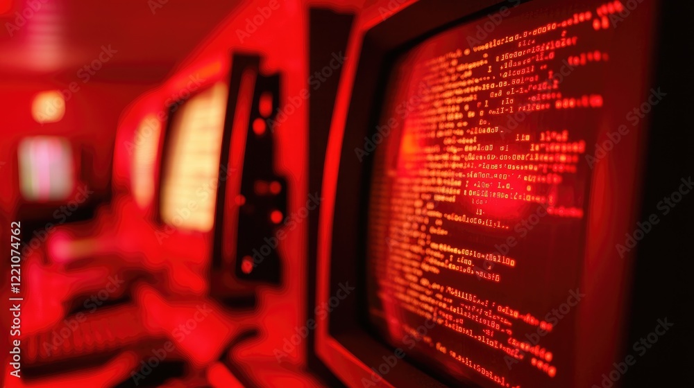 Poster A nostalgic scene with an old computer screen showing lines of code, illuminated by warm red light, evoking early tech memories.