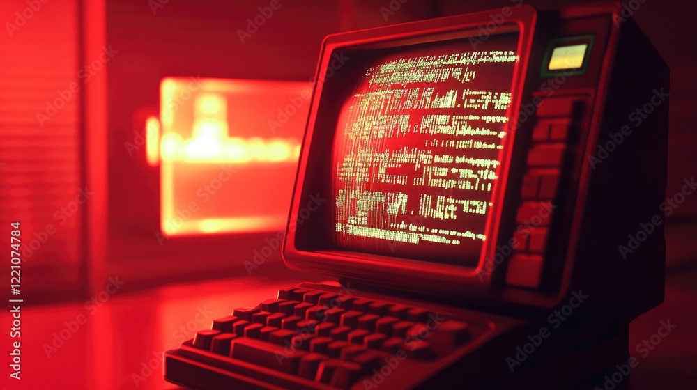 Poster A nostalgic scene with an old computer screen showing lines of code, illuminated by warm red light, evoking early tech memories.