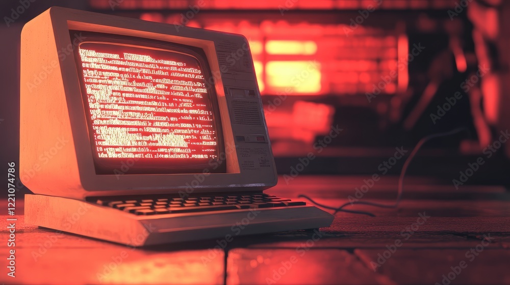 Poster A nostalgic scene with an old computer screen showing lines of code, illuminated by warm red light, evoking early tech memories.