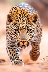 Fototapeta premium Leopard walking on sand in Africa, wildlife photography of a big cat