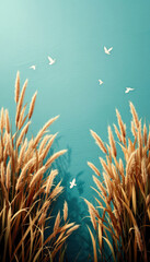 Fototapeta premium Golden Pampas Grass and Birds: A Serene Minimalist Artwork