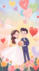 Joyful Cartoon Marriage Scene with Bride, Groom, Balloons, and Flowers