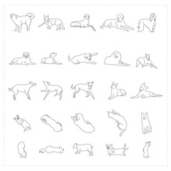 Dog poses Simple line drawings various dog breeds, sitting dogs, standing dogs, lying dogs, playful dogs, minimalist dog illustrations, black and white outlines, dog anatomy studies, puppy sketches