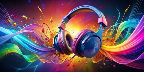 Vibrant Abstract Sound Waves & Headphones: Colorful Music Illustration