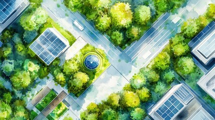 Clean air flat design top view green energy theme watercolor pastel.