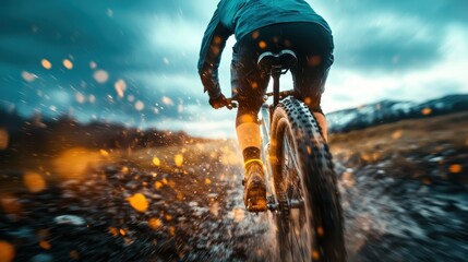 Naklejka premium A mountain biker amidst a cloud of dust and dirt as they conquer a rugged trail, highlighting the intensity and thrill of off-road biking adventures.