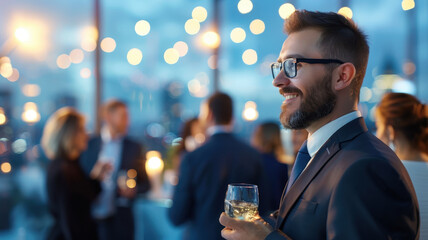 man in suit smiles while holding drink at lively evening event with guests mingling in glass walled venue, illuminated by soft lights