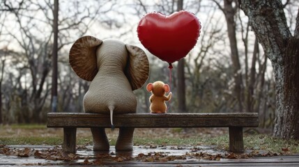 A heartwarming scene of a friendly elephant holding a heart-shaped balloon beside a cute mouse, symbolizing friendship, innocence, and love.