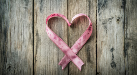 Heart-shaped pink ribbon on wooden surface symbolizes awareness and support for important causes