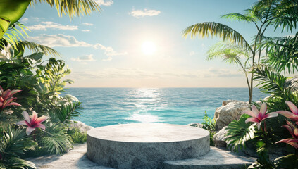 Podium overlooking serene ocean view with lush greenery and vibrant flowers