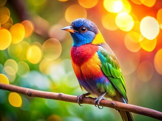 Obraz premium Vibrant Bird on Branch, Panoramic Bokeh Background - Stunning Nature Stock Photo