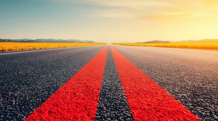 Camping road trip on the highways Straight road with red lines under a bright sunset sky.