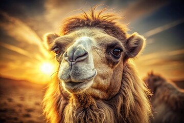 Obraz premium Vintage Close-up Portrait of a Bactrian Camel, Desert Wildlife