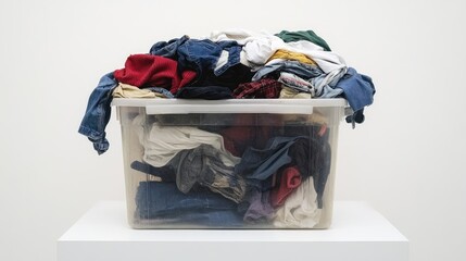A plastic laundry bin filled with disorganized, unwashed clothes, isolated on a clean white surface, highlighting clutter and simplicity.