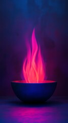 A vibrant bowl of colorful flames, showcasing a blend of pink and blue colors against a dark backdrop, perfect for artistic concepts.