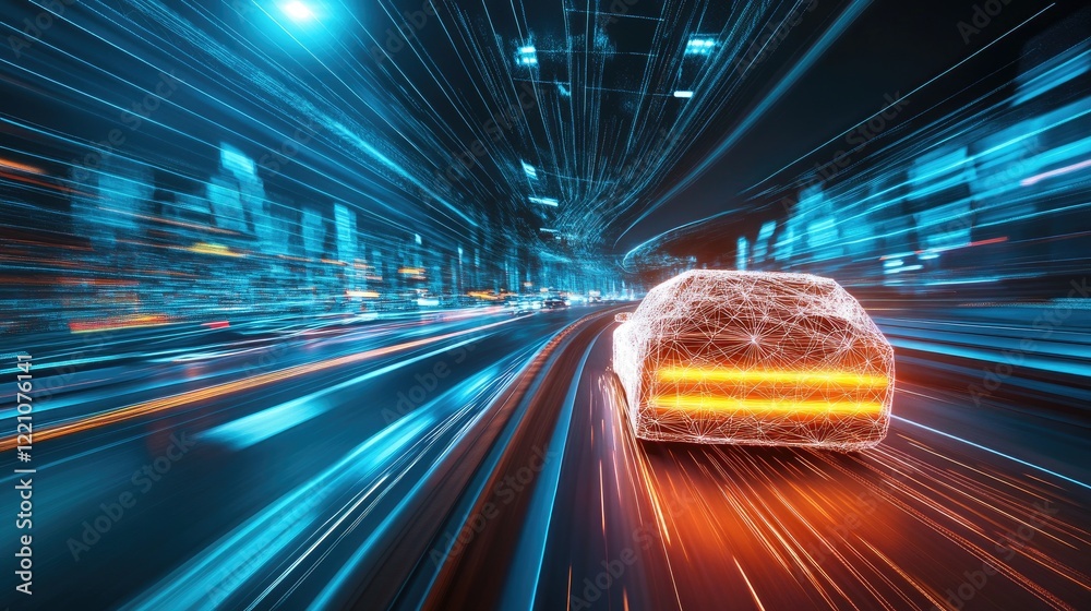 Poster a polygonal truck illuminated with digital patterns speeds down a high-tech road, depicting the futu
