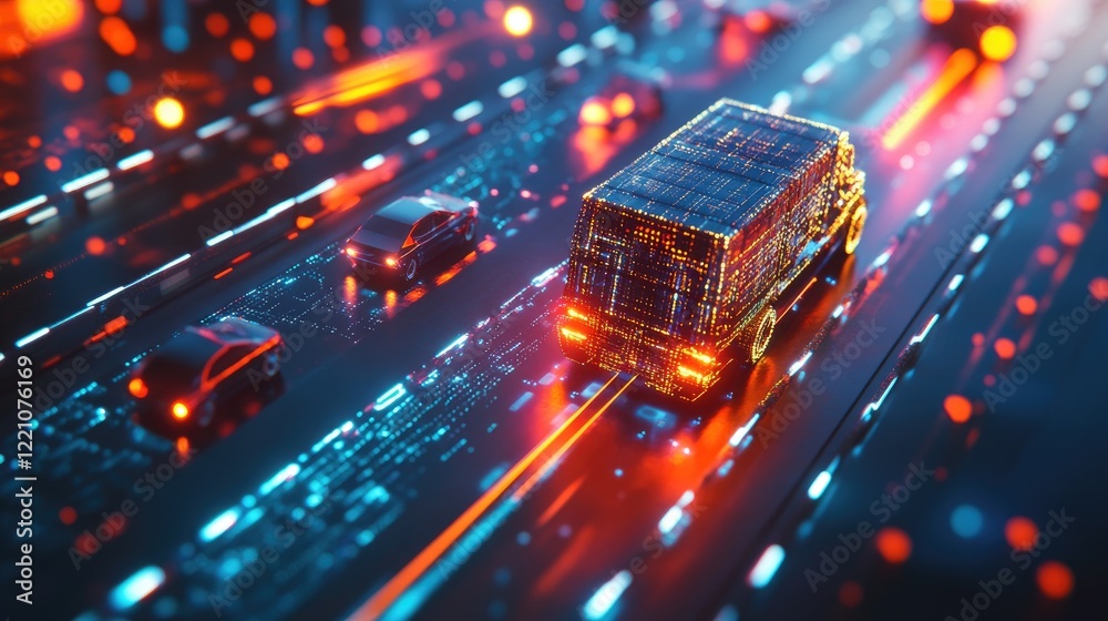Poster a polygonal truck illuminated with digital patterns speeds down a high-tech road, depicting the futu