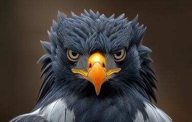 Fototapeta premium black eagle with an orange beak, the feathers on its body shine in light and dark gray tones 