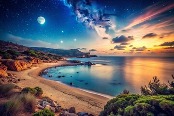 Fototapeta premium Vintage Cyprus Seascape: Starry Night at Lara Beach, Akamas Peninsula